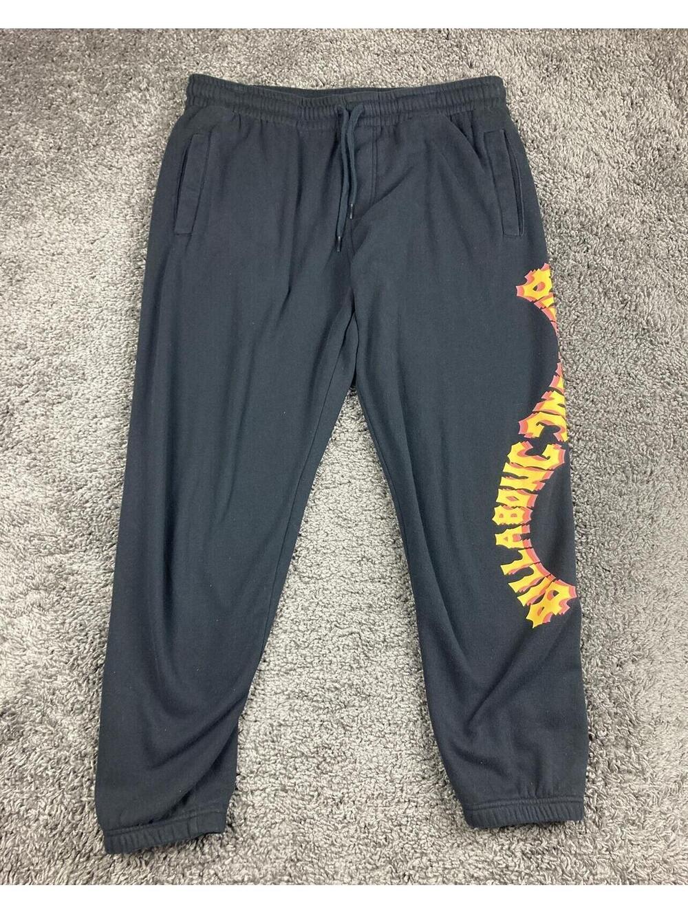Billabong Shorebird Men Fleece Joggers Black Wavy Graphic Sweatpants Large